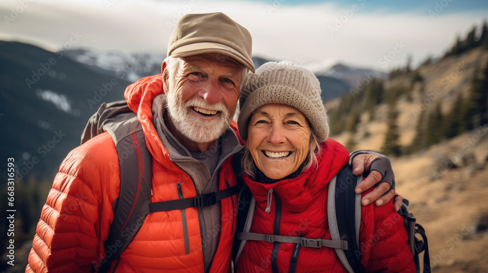 A retired couple in love celebrates Valentine's Day on a hike in the mountains. A retired couple in love celebrates Valentine's Day on a hike in the mountains.