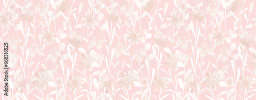Pink horizontal pattern. Flowers, petals,leaves and branches in muted shades of white and pale beige.