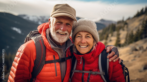 A retired couple in love celebrates Valentine's Day on a hike in the mountains.