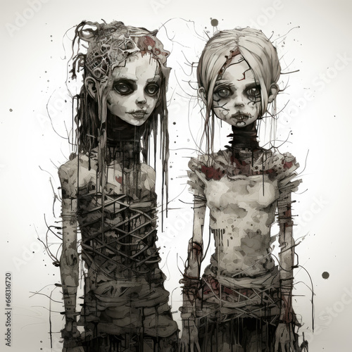 Two girls in the image of a zombie on a white background. photo