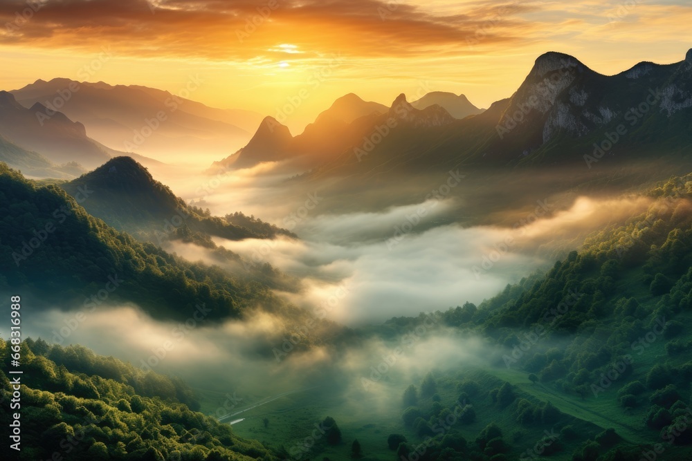 Misty mountains during sunrise.