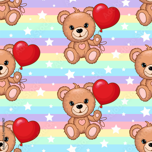 Fototapeta Naklejka Na Ścianę i Meble -  Seamless pattern with teddy bears and balloons on a rainbow background. For children's design of wallpaper, backgrounds, fabric, wrapping paper, scrapbooking, etc. Vector
