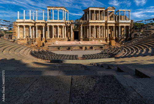 Complete view from below of the floor of the Roman Theater of Mérida with the scaffolding, spotlights, stage and chairs placed under the stands prepared for International Classical Theater Festival