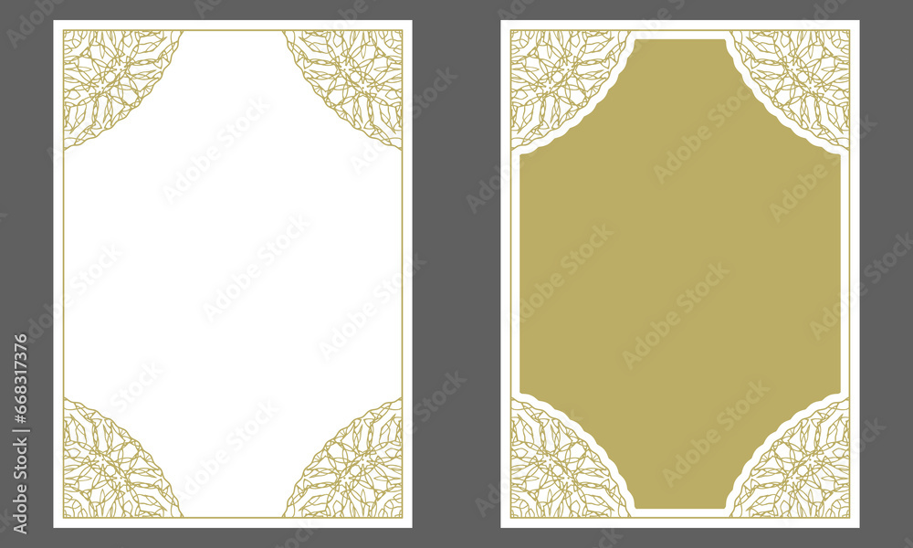 Gold frame with ornamented corners. A4 format. Design for cover page, invitation, card and more. Two versions. Pattern No. 2. Vector illustration