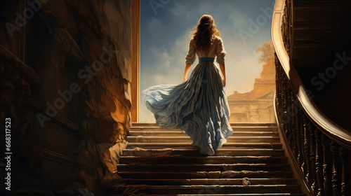 a girl in a wedding dress is walking up the stairs. beige dress. Beautiful lady in luxurious ballroom dress walking up the stairs of her palace. Baluster railing on both sides. Vintage concept photo