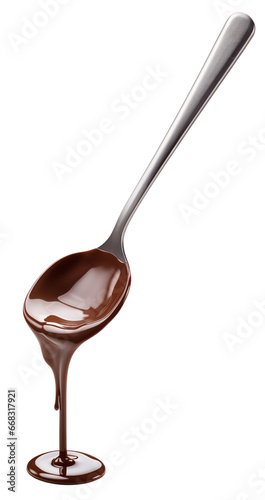 Melted, soft chocolate drips from the spoon. Isolated on a transparent background.