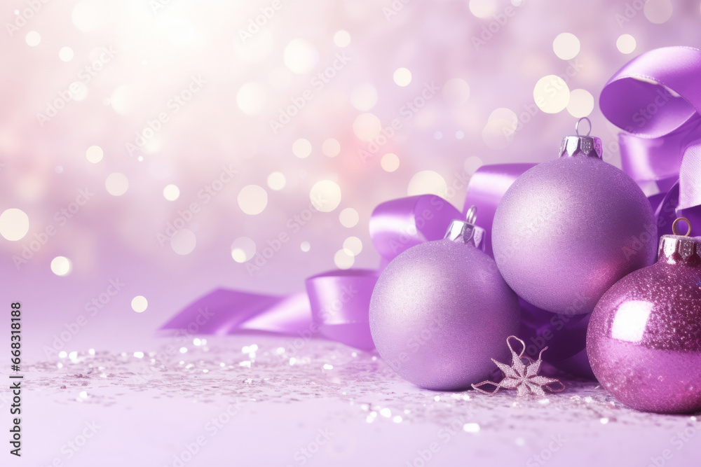 Purple christmas balls with brown ornaments and bows on glitter bokeh backdrop. Christmas holiday and festive decoration concept. Generative AI