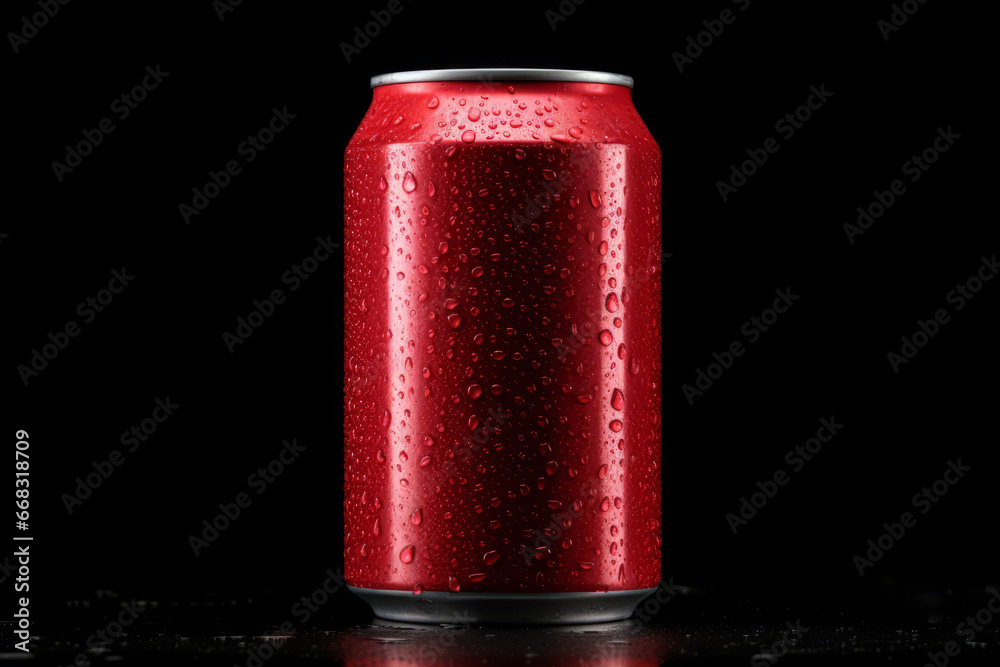Red soda can and water drops on black background. Generative AI Red soda can and water drops on black background. Generative AI