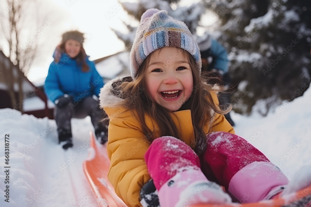 children are sledding down a snowy mountain