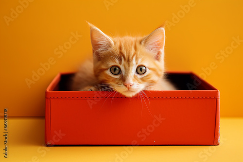 orange cat in red box on orange background