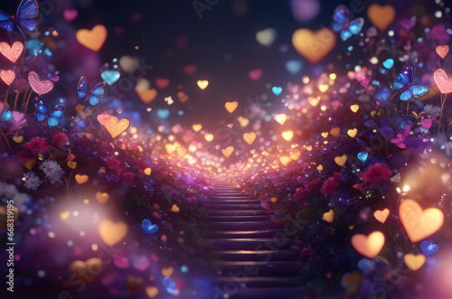 Colorful, shiny, glowing hearts and stairs, valentine's day, wedding invitation. Romantic background, greeting card, poster, postcard for women's day, march 8 or birthday.