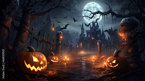 Pumpkins burning in forest at night   halloween background photo