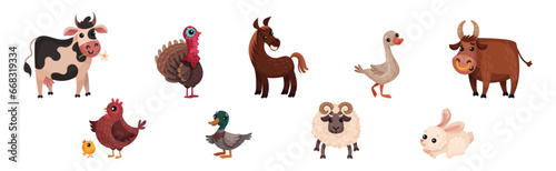 Farm Animals with Sheep, Cow, Poultry and Horse Vector Set