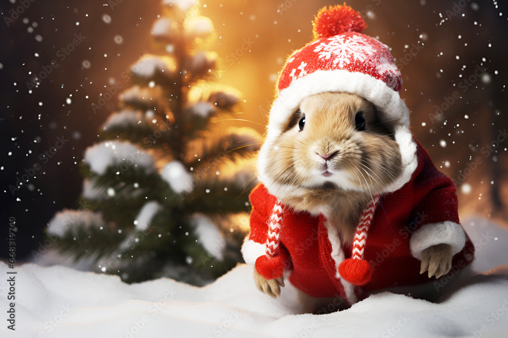 Cute red bunny rabbit in Christmas hat and jacket near Christmas tree on snow Greeting card New Year holidays background Cute red bunny rabbit in Christmas hat and jacket near Christmas tree on snow Greeting card New Year holidays background