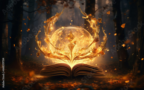 Abstract magical mystical gold book in forest background