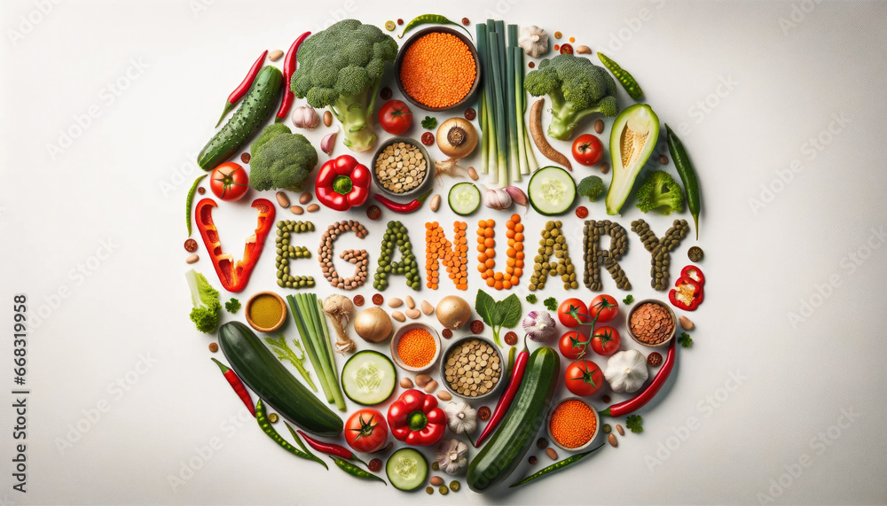 Vegetarian concept from vegetables, fruits and plant based protein food top view. Veganuary month long vegan commitment in January.