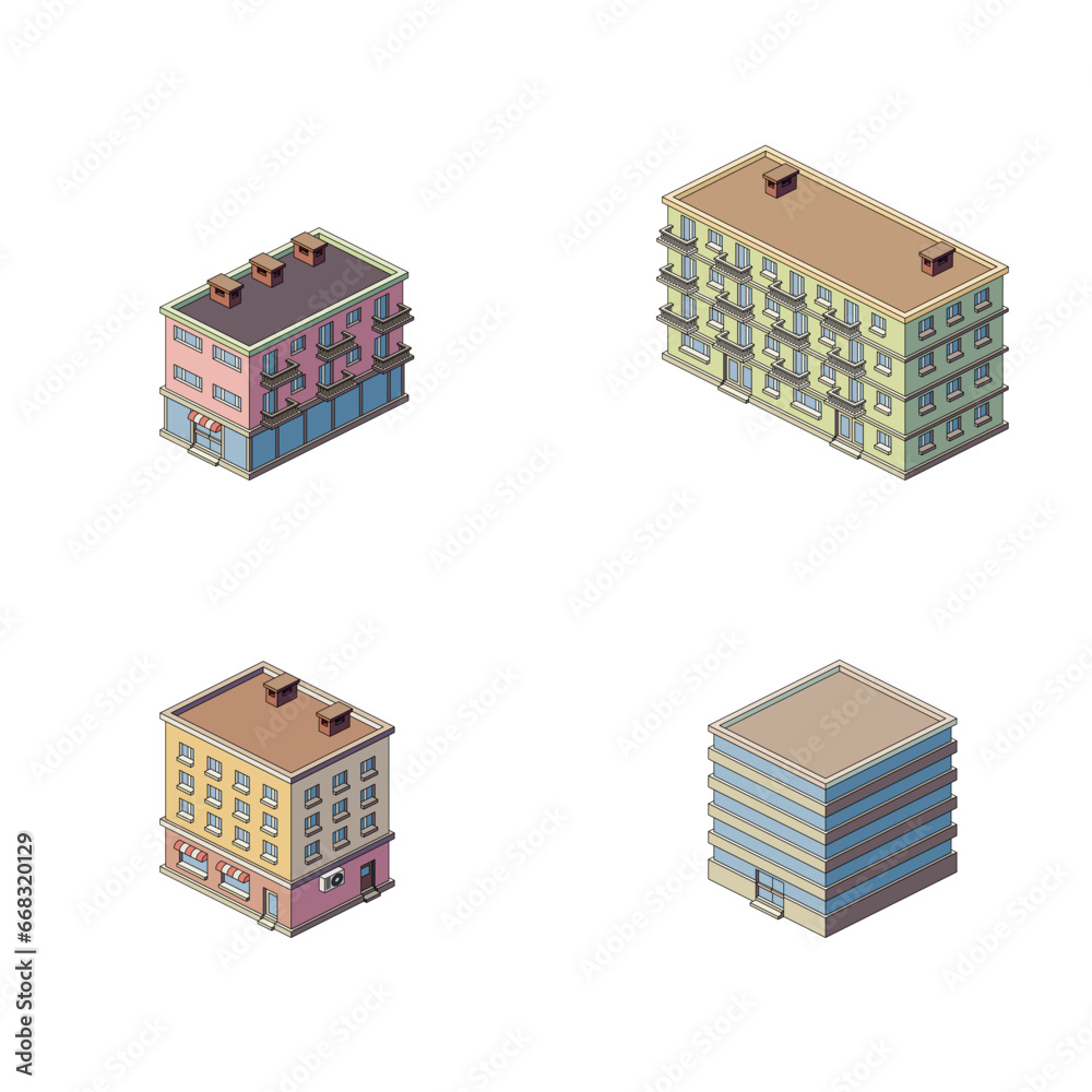 Set of isometric buildings, vector illustration. Set of isometric buildings, vector illustration.