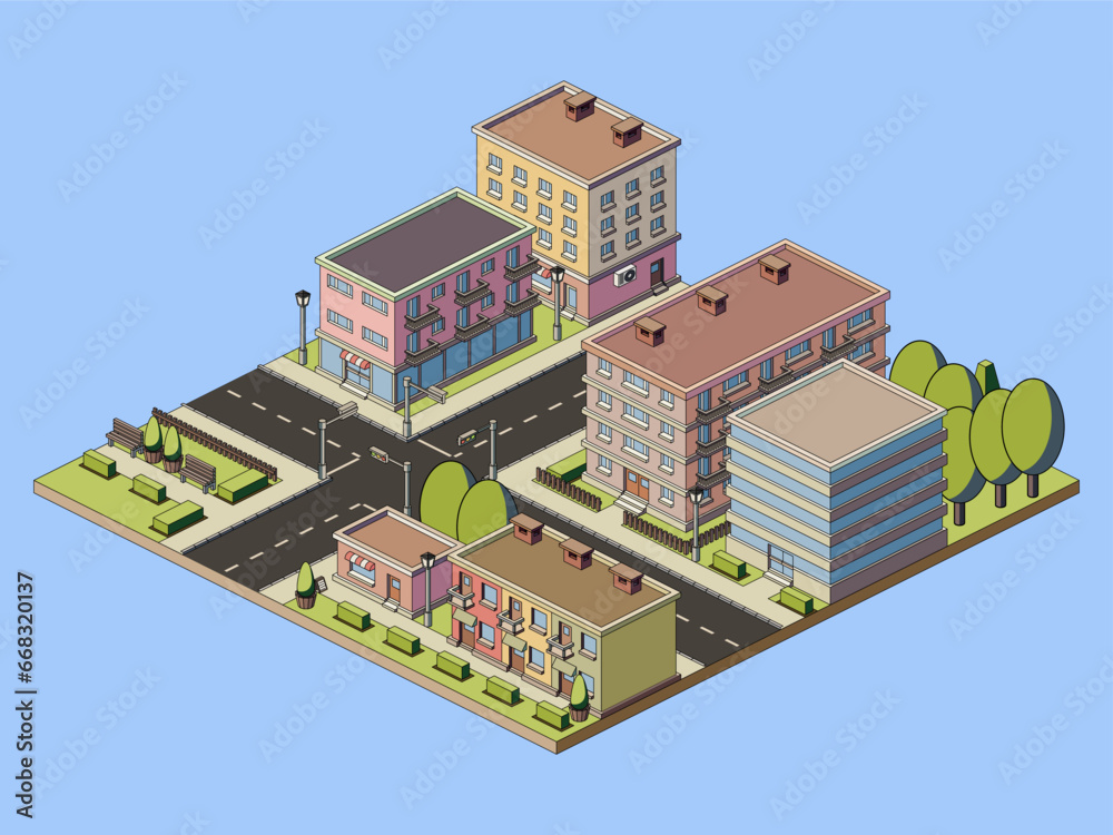 Illustration of isometric city landscape, vector illustration.