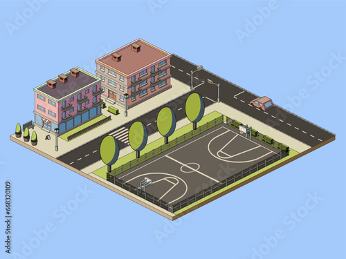 Illustration of isometric city landscape with basketball court, vector illustration.