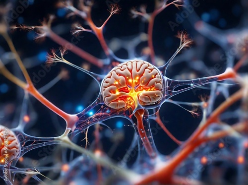 Brain with neural network and neurons, generative AI, illustration