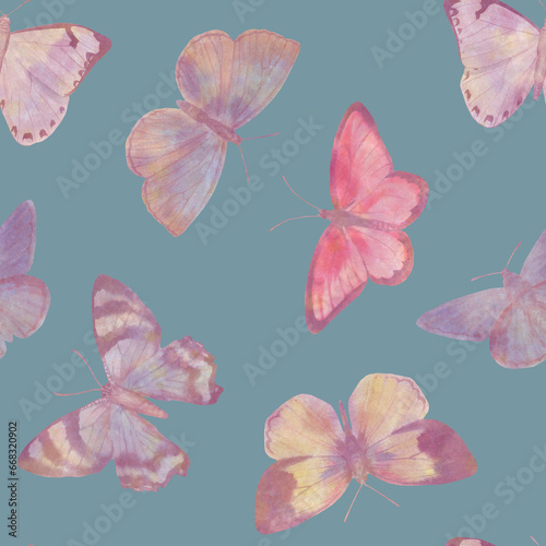 Abstract seamless pattern  pink butterflies on a green background..Watercolor butterflies for design  packaging  greeting cards.