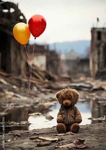 dirty teddy bear with a balloon in the middle of a destroyed city, generative ai 
