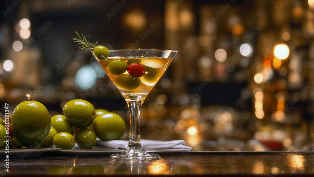 Martini glass, olives at the bar