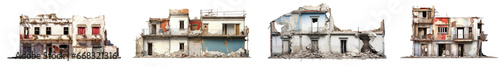 Collection of ruined modern houses or demolished buildings isolated on a transparent background. PNG cutout or clipping path. © Transparent png