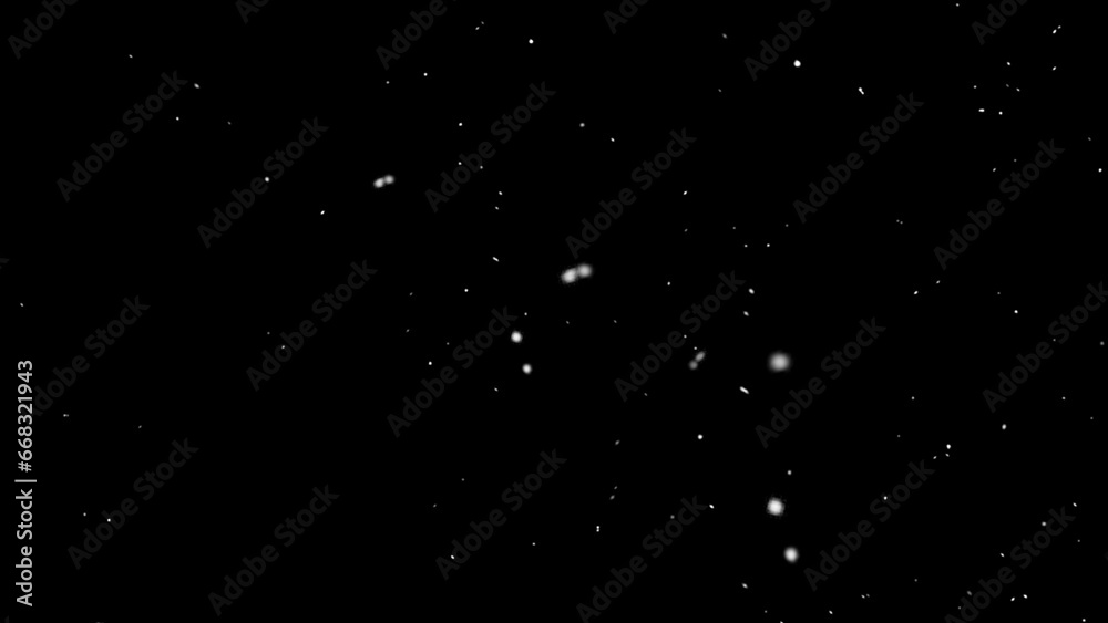 Different realistic falling snow or snowflakes. Winter snowfall illustration. Bokeh lights on black background, flying snowflakes in the air. Snow at night