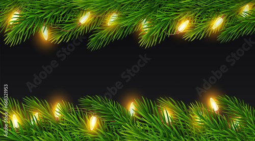 Christmas border of realistic fir tree branches with electric garland on black background. Frame of spruce branches with garland of yellow light bulbs for New Year greeting cards  banners