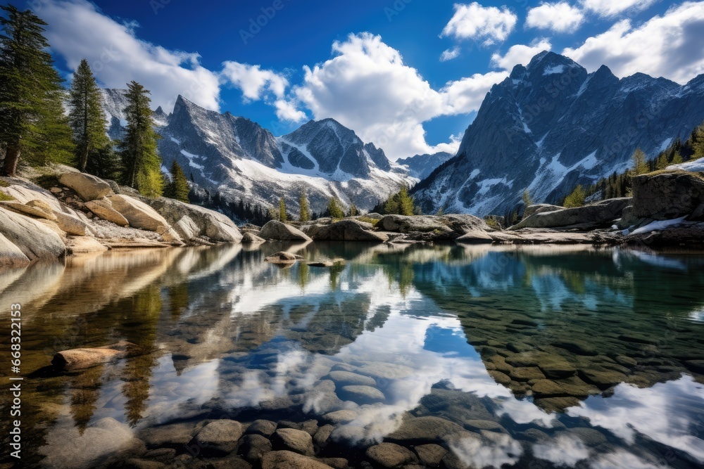 Pristine alpine lakes with snow-peaked reflections