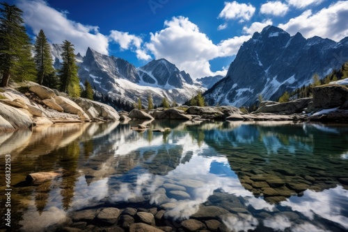 Pristine alpine lakes with snow-peaked reflections