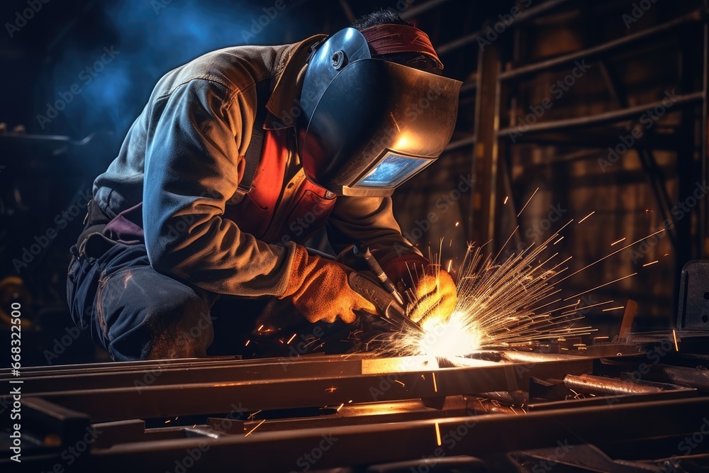 © furyon - Welder with protective mask welding metal beams. © furyon - Welder with protective mask welding metal beams.