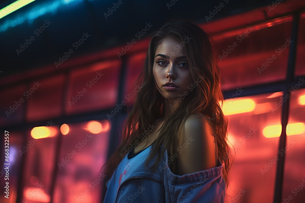 A nighttime cinematic portrait featuring a girl and neon lights