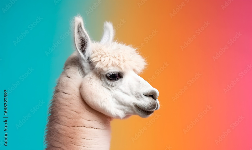 Cute white alpaca close-up on an colorful background, portrait