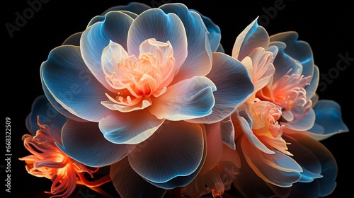 A neon camellia with layers of glowing petals against a dark backdrop.