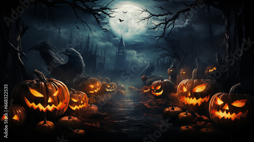 Scary halloween background with pumpkins and witch's house © korkut82