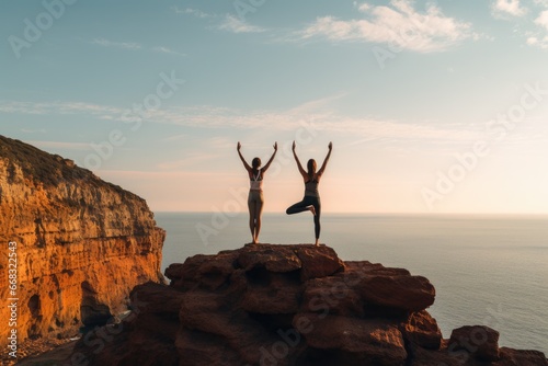 Yoga enthusiasts practicing poses on a cliff overlooking the sea