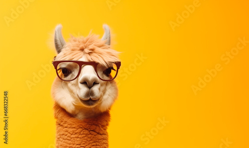 Funny alpaca with glasses on a yellow background, portrait, stylized animal © Мария Кривецкая