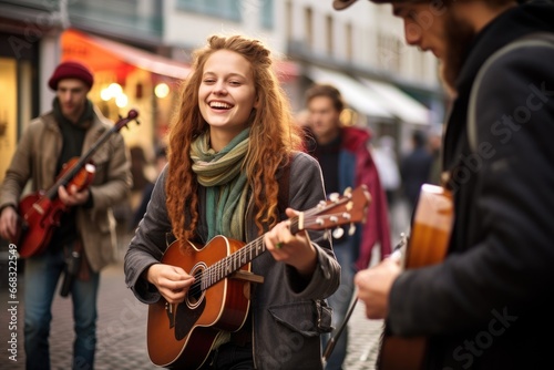 Young musicians busking in a bustling city square photo