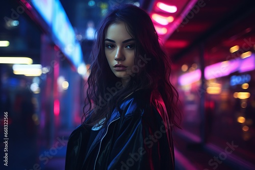 A nighttime cinematic portrait featuring a girl and neon lights © Suleyman