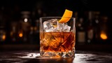 An Old Fashioned cocktail made with sugar, whiskey, and bitters in a glass