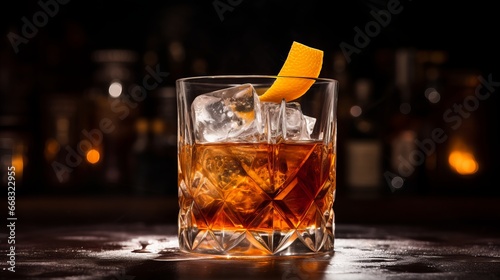 An Old Fashioned cocktail made with sugar, whiskey, and bitters in a glass photo