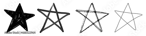 Set of Hand Drawn Stars. Infantile Style Pencil and Chalk-Like Black Stars. No Background. Doodle Style Sloppy Stars. Set of Freehand Stars of Irregular Shape.