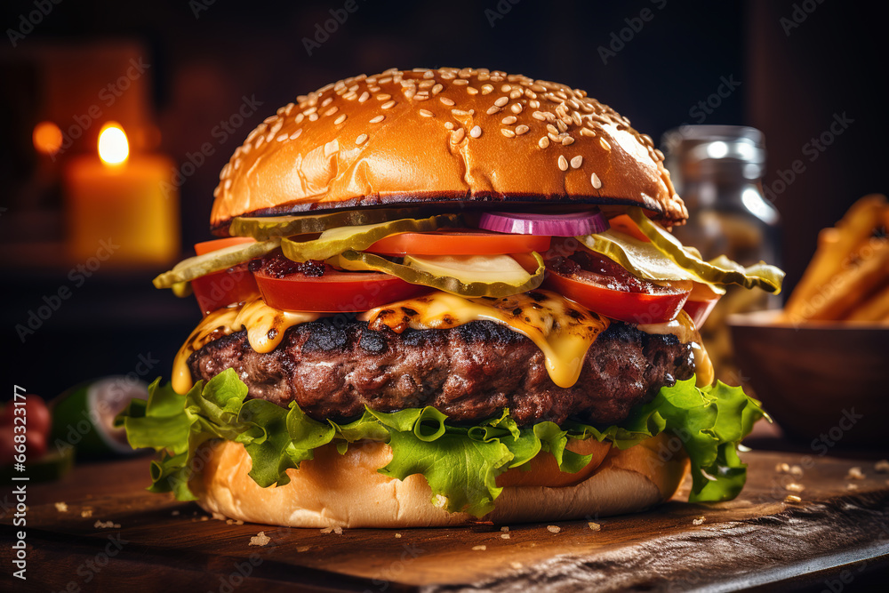 close-up of a juicy delicious burger, food, generative ai  - obrazy, fototapety, plakaty 