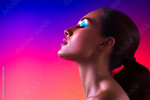 A profile view of a sophisticated, attractive woman with a smooth, silky neck and fingers, set against a vibrant, ultraviolet background.