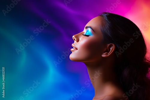 A profile view of a sophisticated, attractive woman with a smooth, silky neck and fingers, set against a vibrant, ultraviolet background.