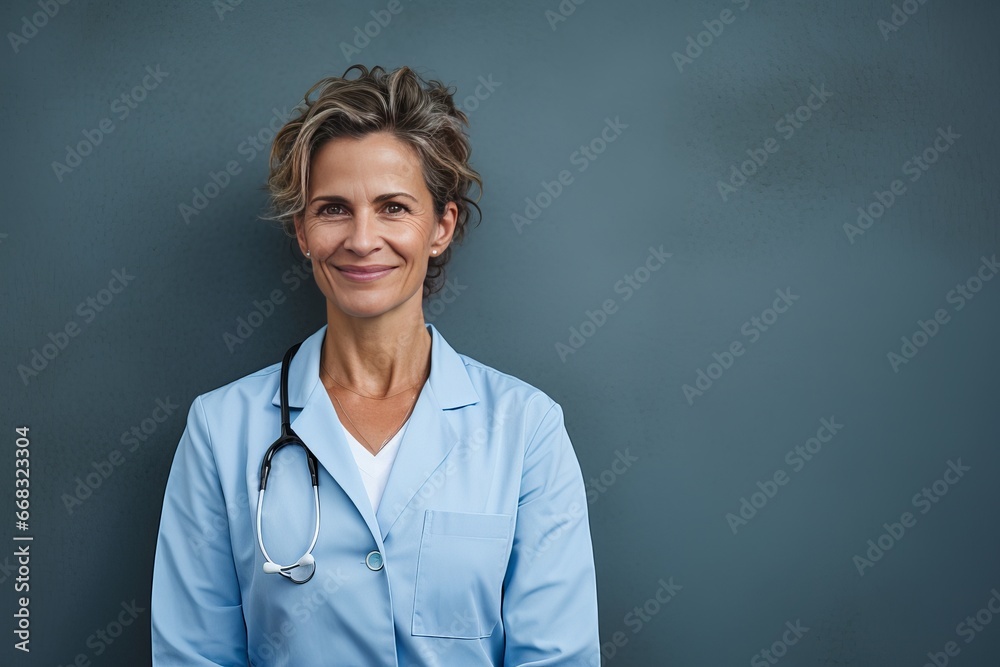 Mature female doctor grinning and leaning against a shadowy wall with her hands in her pockets Mature female doctor grinning and leaning against a shadowy wall with her hands in her pockets