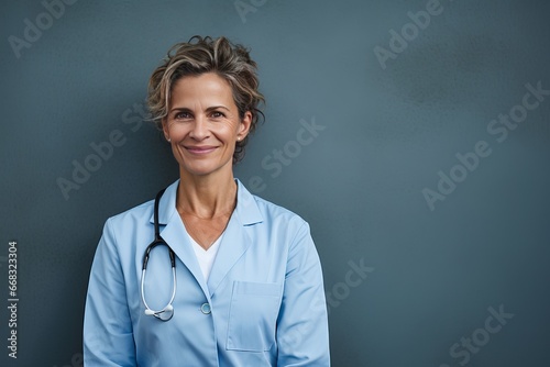 Mature female doctor grinning and leaning against a shadowy wall with her hands in her pockets photo