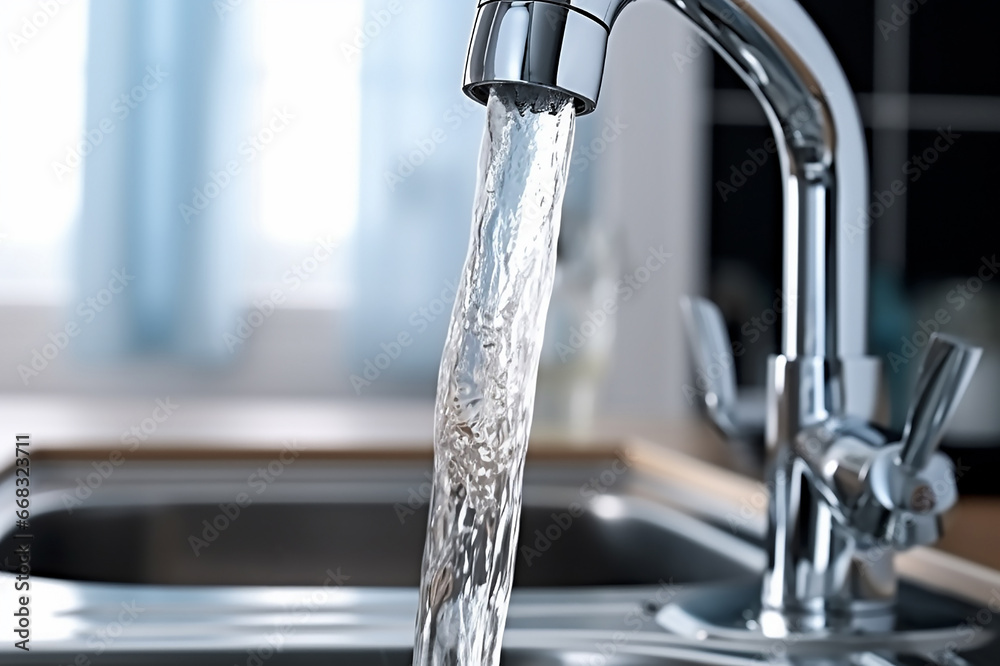 A thick powerful jet of water pours from the kitchen faucet, flows. The concept of irrational use of water resources. There is a blurry window in the background. No people. Close-up. Copy space.